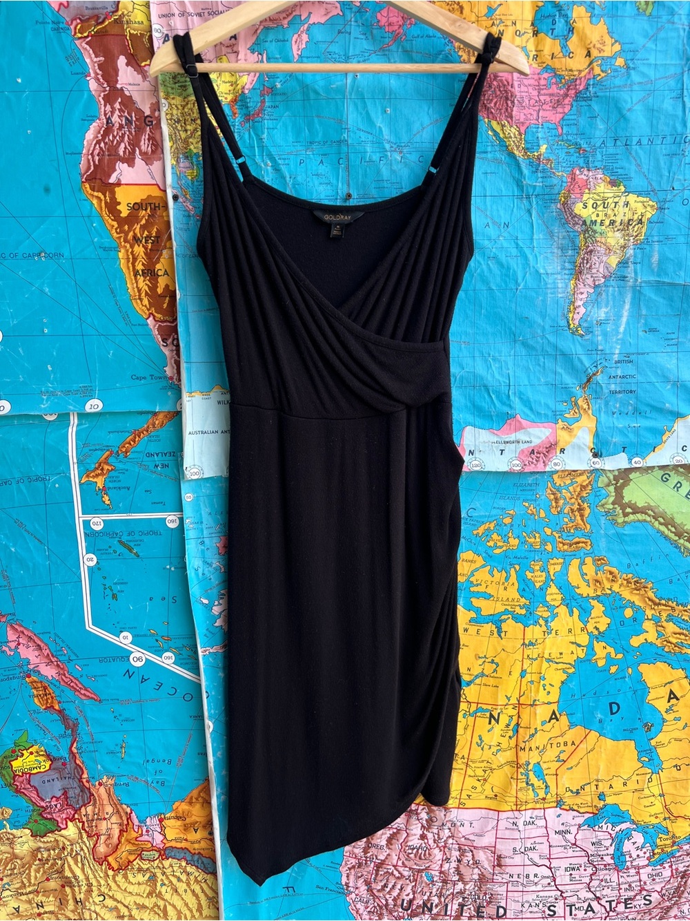 Black Midi Faux Wrap Dress with Draped V-Neck and asymmetrical hem